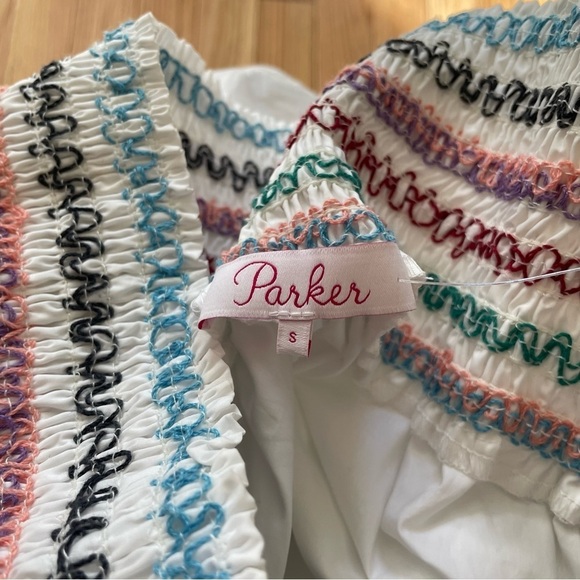 Parker White Off the Shoulder Multicolor Embroidery Smocked Yasmin Blouse Size S - Picture 8 of 12